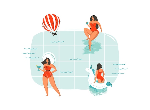 Dibujado a mano vector abstracto dibujos animados verano diversión natación chicas jóvenes grupo colección ilustraciones aisladas sobre fondo de olas de piscina azul