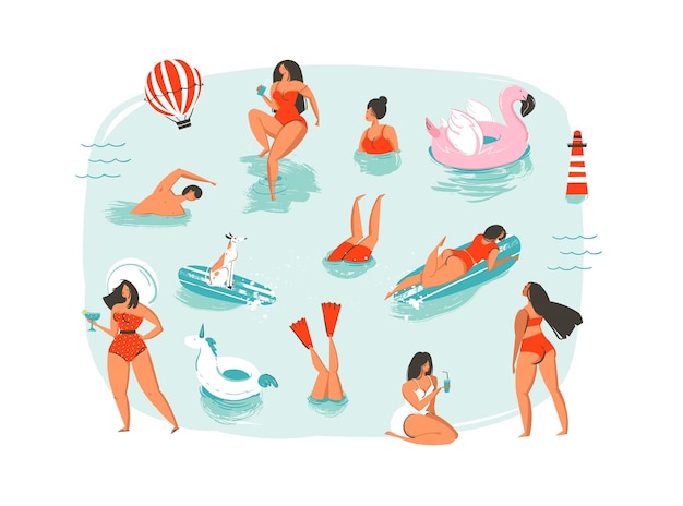 Dibujado a mano vector abstracto dibujos animados verano diversión natación personas grupo colección ilustraciones conjunto aislado en las olas del océano azul