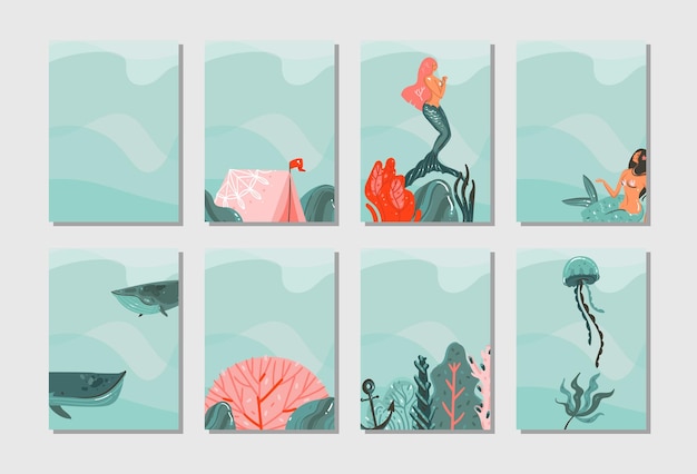 Dibujado a mano vector abstracto gráfico dibujos animados horario de verano ilustraciones planas tarjetas colección de plantillas con sirena ballena y mundo submarino tropical aislado sobre fondo de ondas azules