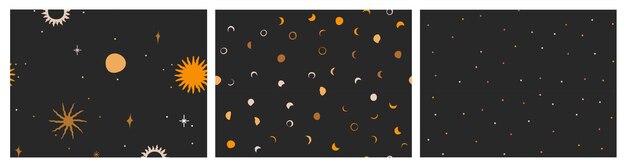 Dibujado a mano vector abstracto ilustración gráfica colección de patrones sin fisuras con astrología mágica celestial luna dorada fases sol y estrella mística contemporánea y diseño de luna de collage simple