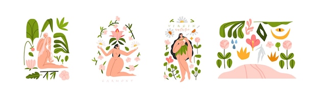 Dibujado a mano vector abstracto ilustración gráfica moderna de personajes femeninos en la naturaleza con formas abstractas hojas flores Concepto de naturaleza femenina Diseño de concepto de salud mental de mujer Cuidado del cuerpo de mujer