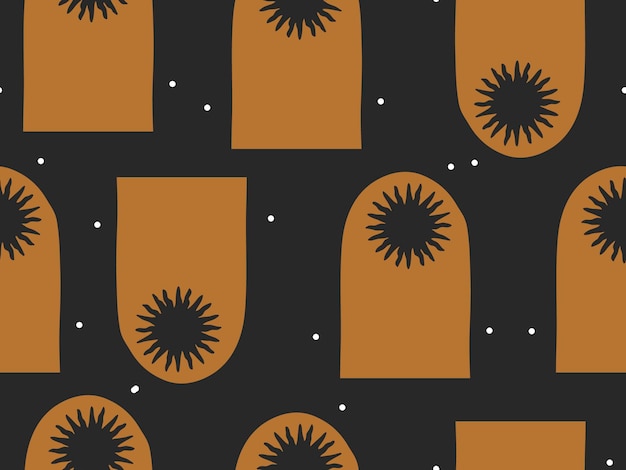 Dibujado a mano vector abstracto plano stock gráfico icono ilustración dibujo de patrones sin fisuras con luna celestial y estrellas místicas y simples formas de collage aisladas sobre fondo negro