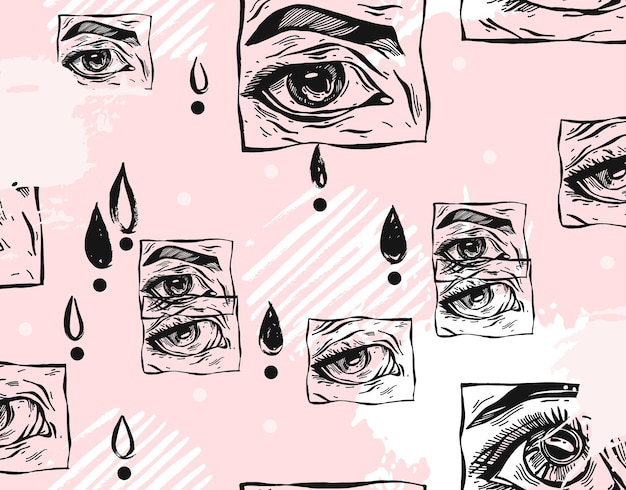 Dibujado a mano vector abstracto plano stock gráfico icono ilustración dibujo de patrones sin fisuras con ojos de mujer manga y formas de collage con textura simple aisladas sobre fondo blanco