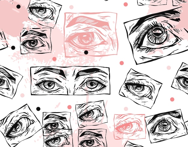 Dibujado a mano vector abstracto plano stock gráfico icono ilustración dibujo de patrones sin fisuras con ojos de mujer manga y formas de collage con textura simple aisladas sobre fondo blanco