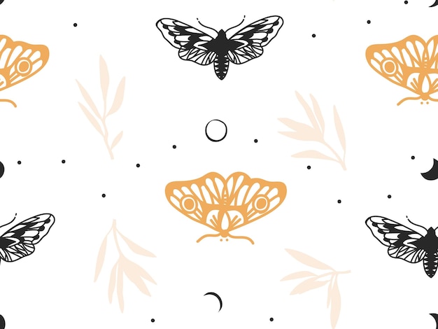 Dibujado a mano vector abstracto plano stock gráfico icono ilustración dibujo de patrones sin fisuras con polilla lunar celestial y flores místicas y simples formas de collage aisladas sobre fondo de color