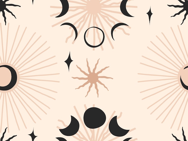 Vector dibujado a mano vector abstracto plano stock gráfico icono ilustraciones de patrones sin fisuras con luna celestial phasessun y estrellas místicas y simples formas de collage aisladas sobre fondo de color
