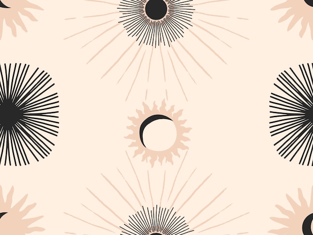 Dibujado a mano vector abstracto plano stock gráfico icono ilustraciones de patrones sin fisuras con luna celestial phasessun rayos y estrellas místicas y simples formas de collage aisladas sobre fondo de color