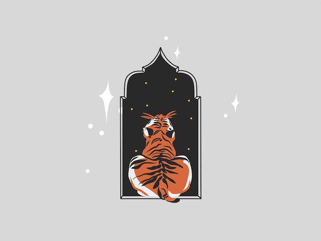 Dibujado a mano vector abstracto stock gráfico ilustración de dibujos animados con belleza linda celestial moda vida silvestre blanco, luna tigre, luna y estrellas aisladas sobre fondo de color, imágenes prediseñadas tigre año nuevo chino.