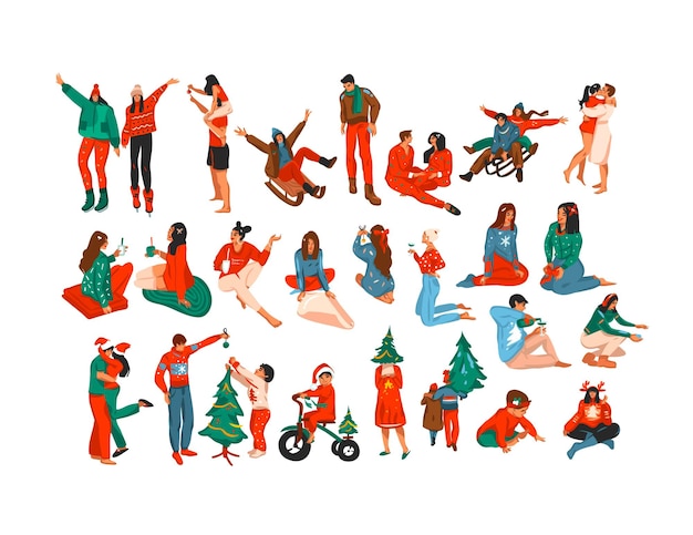 Dibujado a mano vector abstracto stock gráfico invierno, feliz Navidad y feliz año nuevo dibujos animados, conjunto de colección de elementos de ilustraciones paquete con personajes de familia feliz, hombre, mujer y niños aislados.