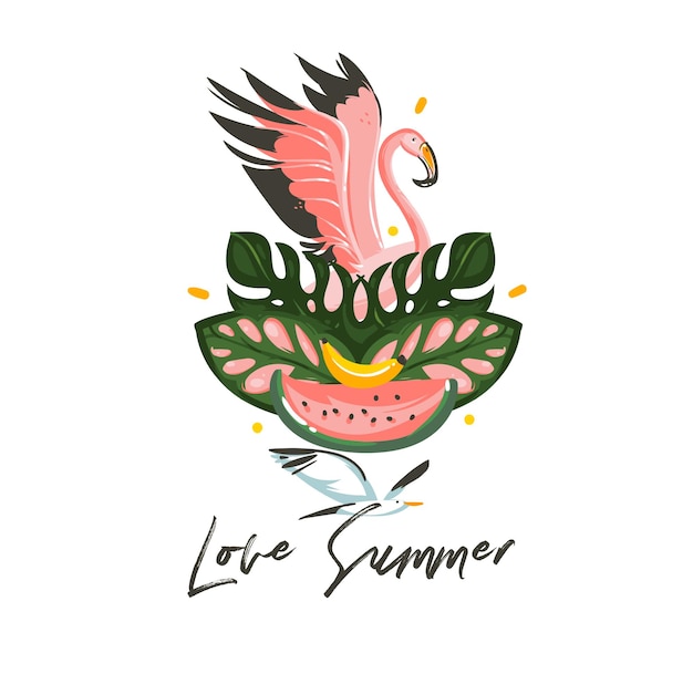 Dibujado a mano vector dibujos animados abstractos horario de verano ilustraciones signo tropical exótico con hojas de Flamingo birdwatermelontropical y cita de tipografía de verano de amor aislado sobre fondo blanco
