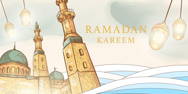 Dibujado a mano vector diseño ramadan kareem banner horizontal con ilustración de mezquita y linternas