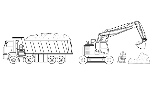 Dibujado a mano Vector ilustración color niños sitio de construcción con camión volquete excavadora