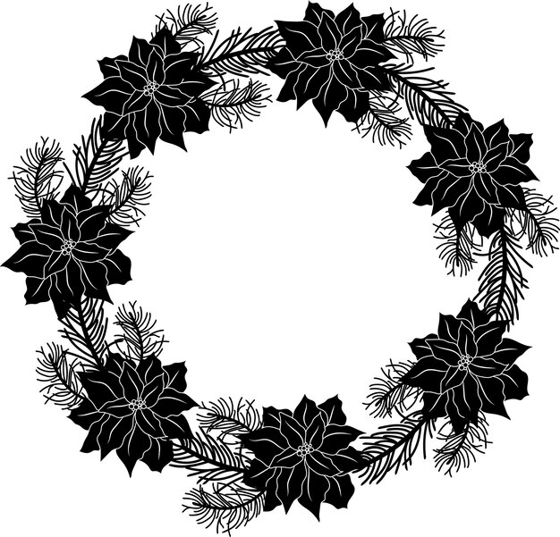 Dibujado a mano vector line art christmas poinsettia wreath ilustración. marco botánico para saludos