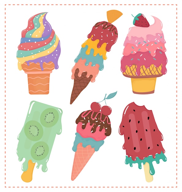 Dibujado a mano vector plano dulce pastel helado helado derretido colección de verano