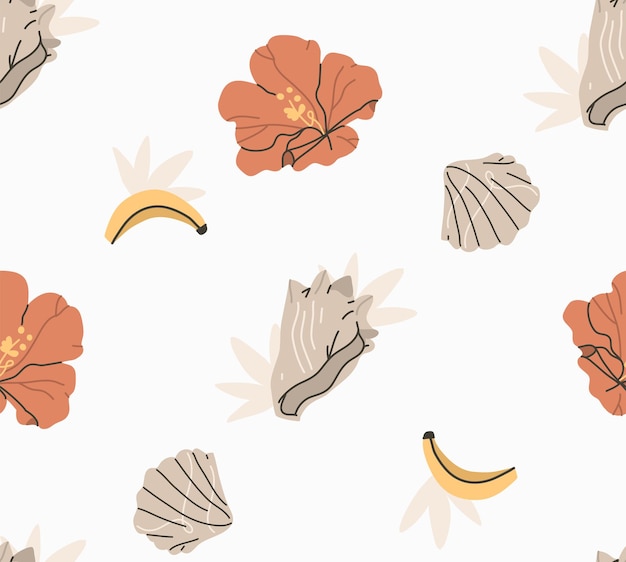 Dibujado a mano vector resumen gráfico verano dibujos animados minimalista estilo contemporáneo ilustraciones de patrones sin fisuras con flores tropicales hojas de palma y concha de mar aislado sobre fondo blanco