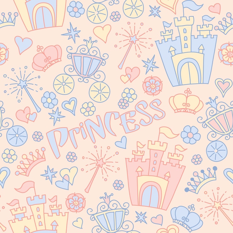 Vector dibujado a mano vector transparente patrón de color rosa y azul de la pequeña princesa garabatos de fondo para su uso en ...