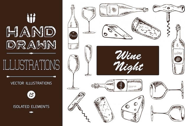 Dibujado a mano vino noche ilustraciones