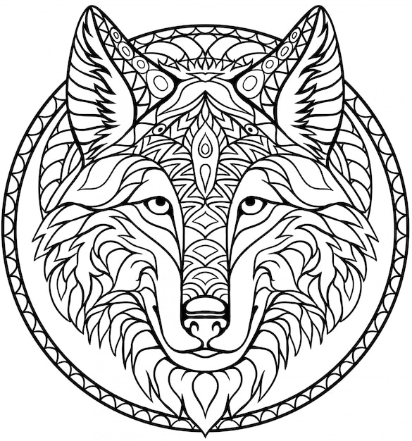 Dibujado a mano zentangle lobo cabeza para adultos y niños página de libro para colorear