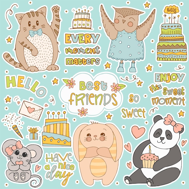 Dibujados a mano animales lindos con letras. Gato, Panda, Conejito con orejas rayadas y panza, Ratón con lazo rosa y corazón, Búho con vestido azul con lunares y botas. Regalo y tarta con velas.