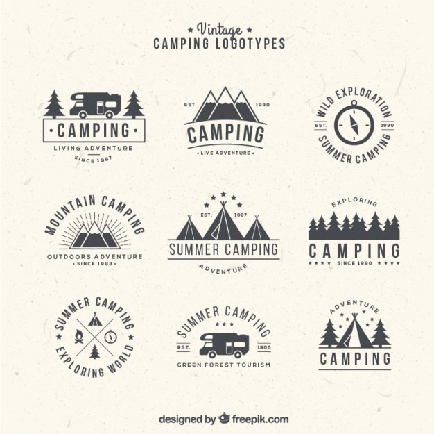 dibujados a mano logotipos para acampar en estilo de la vendimia