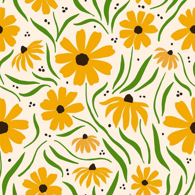 Dibujando a mano flores amarillas con hojas amarillas y verdes y un patrón de fondo amarillo