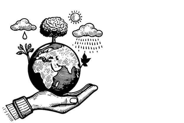 dibujando manos sosteniendo globo planeta tierra con planta de crecimiento mundo plantas salvar el medio ambiente del mundo