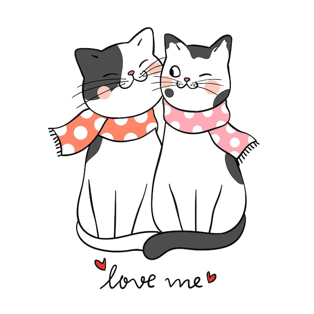 Dibujar amor de pareja de gato con la palabra me aman | Vector Premium