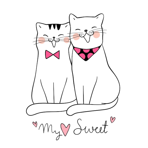 Dibujar amor de pareja de gato con la palabra mi dulce | Vector Premium