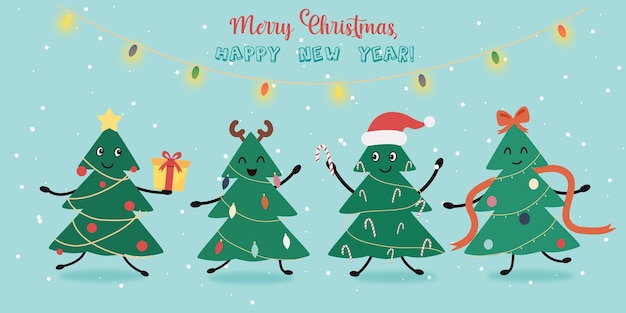 Dibujar árboles de navidad divertidos de banner de diseño de personajes de ilustración vectorial con sombrero de santa y estrella con estilo de dibujos animados doodle presente
