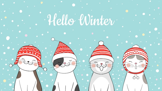 Dibujar banner lindo gato en la nieve para navidad.