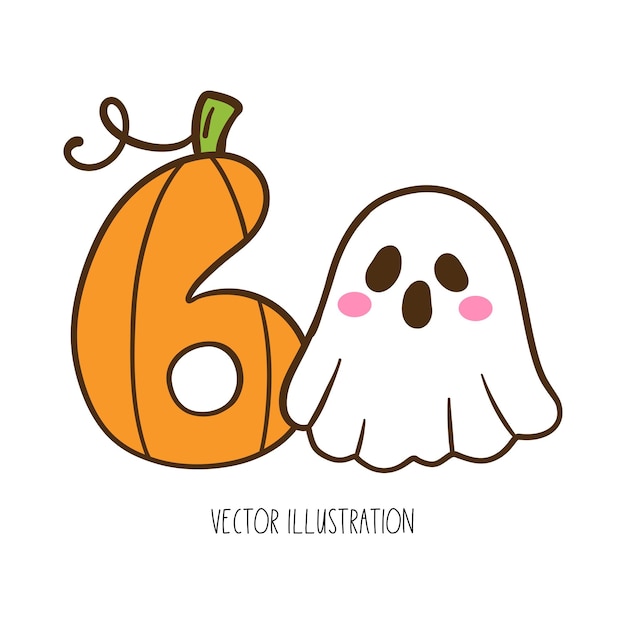 Dibujar bebé calabaza fantasma de halloween número seis cumpleaños de los niños estilo dibujos animados doodle