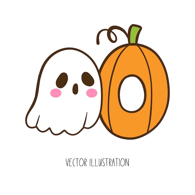 Vector dibujar bebé calabaza halloween fantasma número cero cumpleaños de los niños estilo dibujos animados doodle