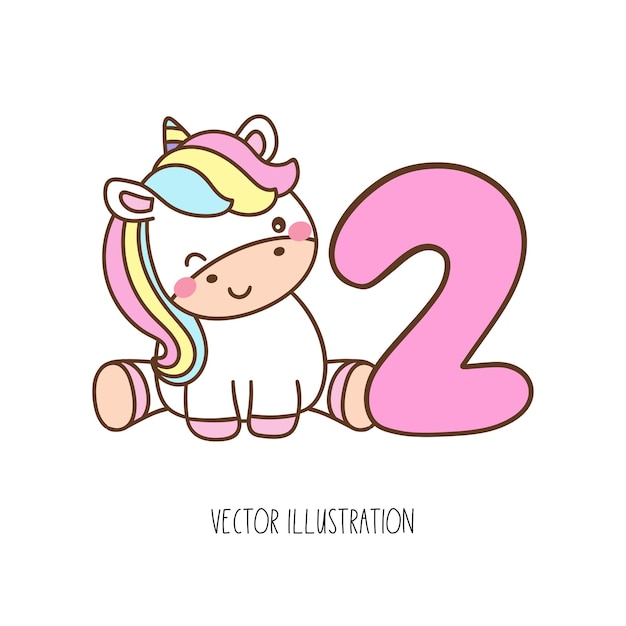 Dibujar bebé unicornio número dos Cumpleaños de niños Estilo de dibujos animados Doodle