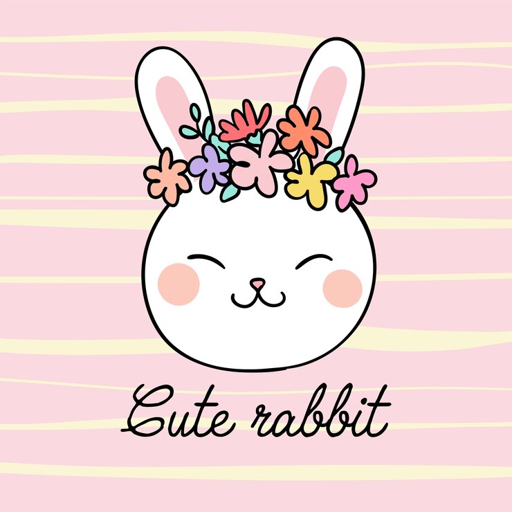 Vector dibujar cabeza de conejo y flor de belleza en la cabeza en dulce pastel