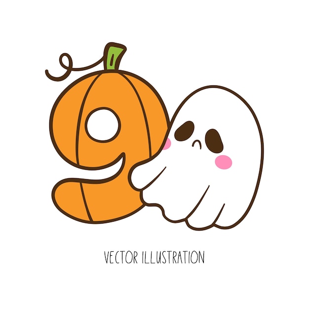 Vector dibujar calabaza bebé fantasma de halloween número nueve cumpleaños de niños estilo de dibujos animados doodle