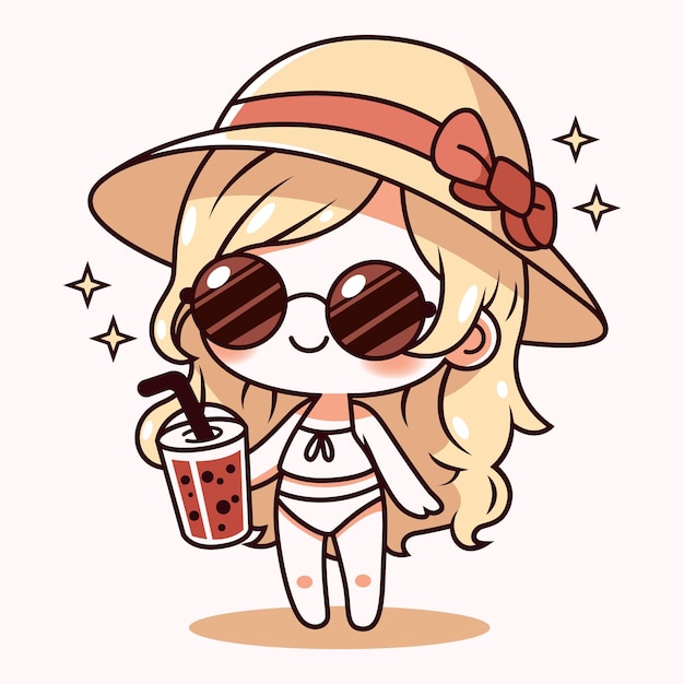 Dibujar chibi kawaii de una chica en bikini con gafas de sol y un sombrero de paja disfrutando del sol de verano