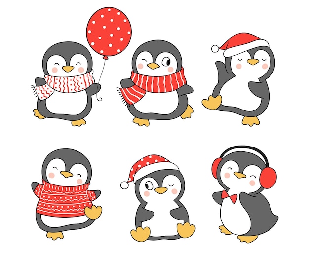 Dibujar colección lindo pingüino para navidad e invierno