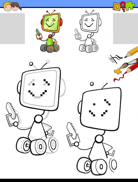 Dibujar y colorear actividad educativa con robot.