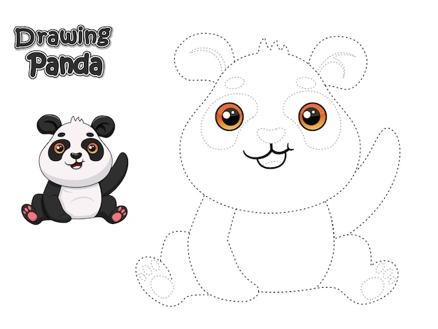 Dibujar y colorear un lindo juego educativo Panda de dibujos animados y hojas de trabajo para niños Vector Illustration