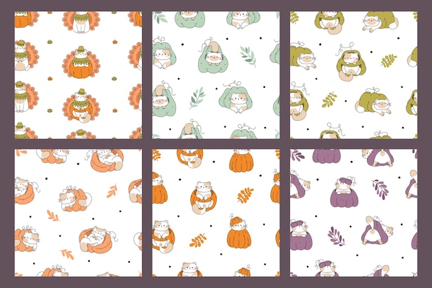 Dibujar Conjunto de patrones sin fisuras con gatos lindos calabazas de otoño de acción de gracias sobre fondo blanco Estilo de dibujos animados de Doodle