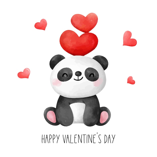 Dibujar diseño de personajes lindo panda con corazón rojo para el día de san valentín Estilo acuarela