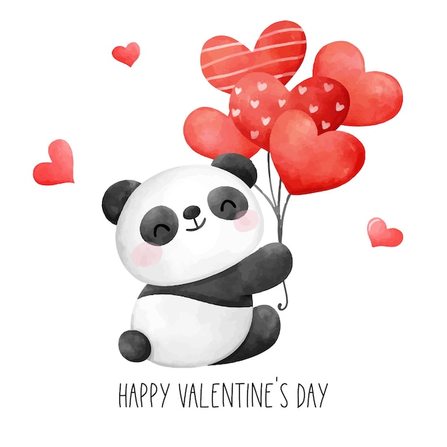 Dibujar diseño de personajes panda bebé con globo de corazón rojo para el día de san valentín estilo acuarela