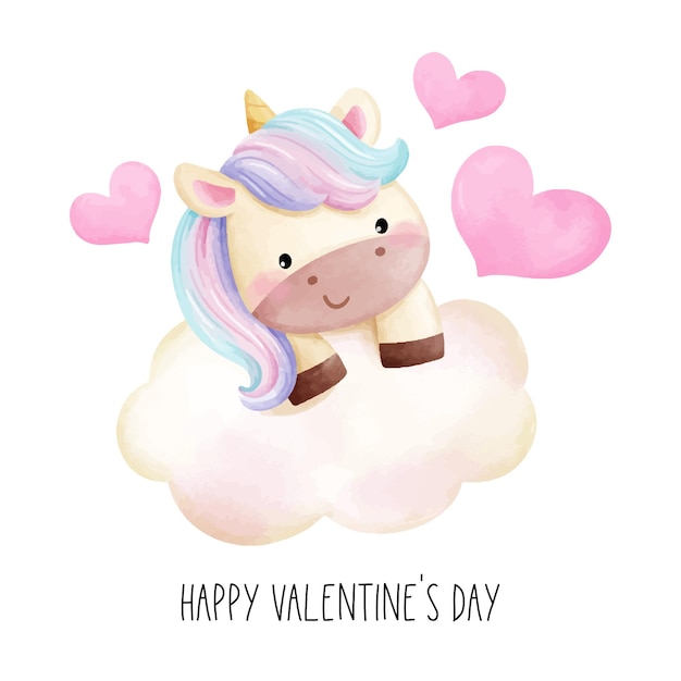 Dibujar diseño de personajes unicornio con corazón rosa y nube para el día de san valentín estilo acuarela