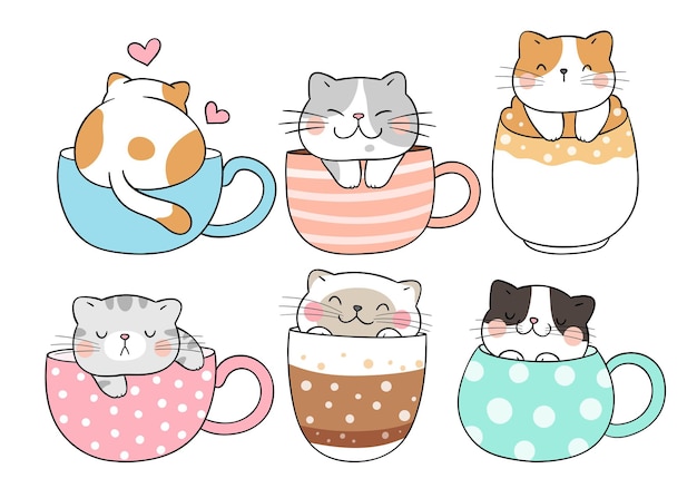 Dibujar gato de colección durmiendo en una taza de café estilo de dibujos animados Doodle