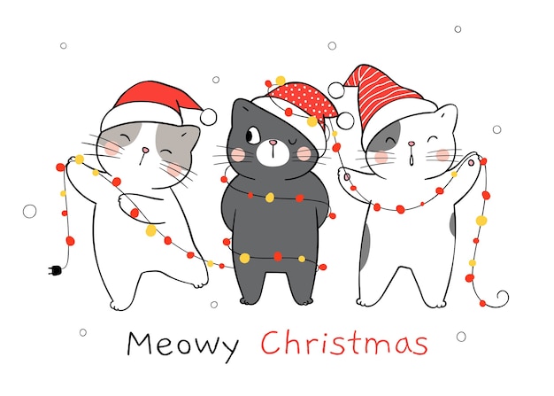 Vector dibujar gato con luz navideña para navidad y año nuevo.