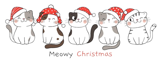 Dibujar gatos graciosos pancartas en blanco para año nuevo y navidad