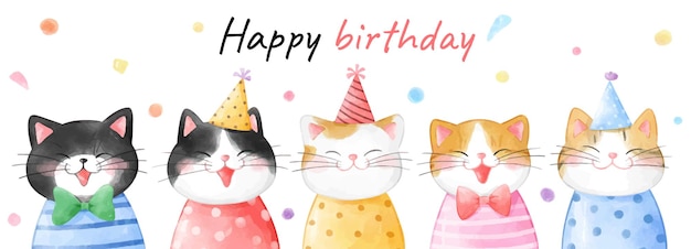 Dibujar ilustración vectorial diseño de personajes banner divertido gato cumpleaños concepto estilo acuarela