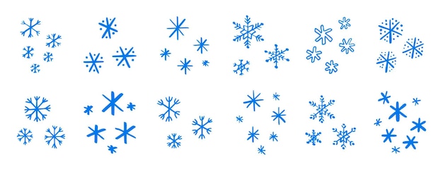 dibujar con lápiz de tiza azul copos de nieve conjunto copo de nieve garabateado a mano dibujado elementos de estilo lindo invierno o