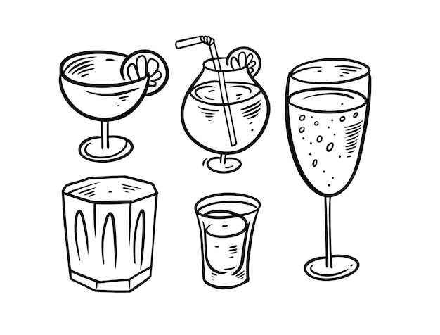 Dibujar a mano bebidas en blanco y negro conjunto aislado en blanco