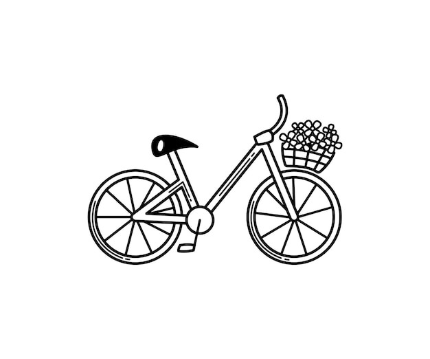 Dibujar a mano una bicicleta en blanco y negro con una cesta de flores Vehículo estilizado en un estilo de boceto